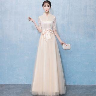 Lace-sleeve A-line Evening Gown