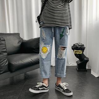 Printed Distressed Cropped Straight-fit Jeans