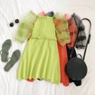 Mesh Panel Sleeve Frilled Trim Smocked Knit Dress