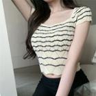 Short-sleeve Square Neck Striped Knit Top Black Stripes - White - One Size