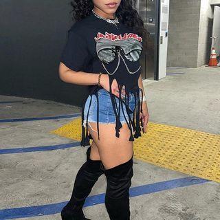 Short-sleeve Print Tassel Cropped T-shirt