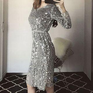 Long-sleeve Sequined A-line Dress