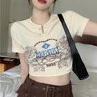 Short-sleeve Rose Print Crop Top Almond - One Size
