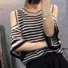 Elbow-sleeve Cold Shoulder Stripe Knit Top