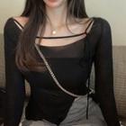 Long-sleeve Slit-hem Sheer Top