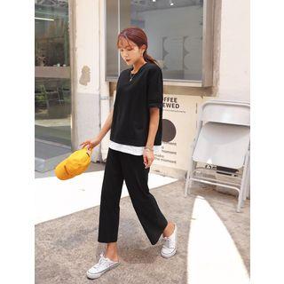 Plus Size Set: Layered-hem T-shirt + Wide-leg Pants