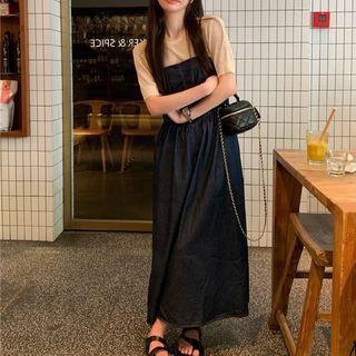 Spaghetti Strap Denim Maxi A-line Dress / Short-sleeve Knit Top