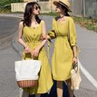 Sleeveless Buttoned A-line Midi Dress / 3/4-sleeve Dress