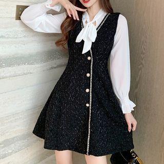Set: Puff-sleeve Blouse + Sleeveless Tweed A-line Dress