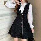 Set: Puff-sleeve Blouse + Sleeveless Tweed A-line Dress
