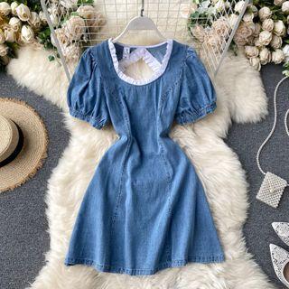 Open-back Panel Puff-sleeve Denim Dress