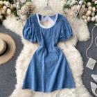Open-back Panel Puff-sleeve Denim Dress