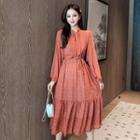 Long-sleeve Tie-neck A-line Midi Chiffon Dress