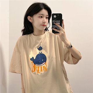 Short-sleeve Round-neck Cartoon Print T-shirt Almond - One Size