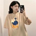 Short-sleeve Round-neck Cartoon Print T-shirt Almond - One Size