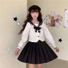 Panda Embroidered Sailor Collar Cropped Blouse / Pleated Mini A-line Skirt