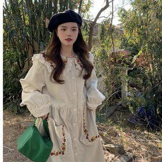 Long-sleeve Floral Embroidered Button-up Corduroy Midi Dress