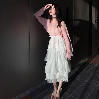 Plain Sweater / Lace Trim Tiered Midi Skirt