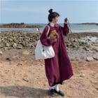 Long-sleeve Midi A-line Dress Purple - One Size