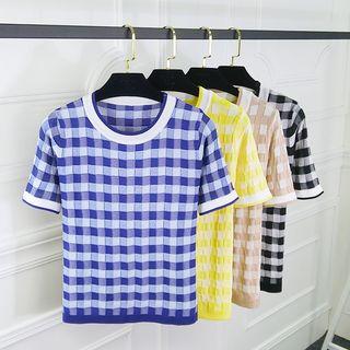 Gingham Short-sleeve Knit Top
