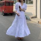 Puff-sleeve Wrap Midi A-line Dress White - One Size