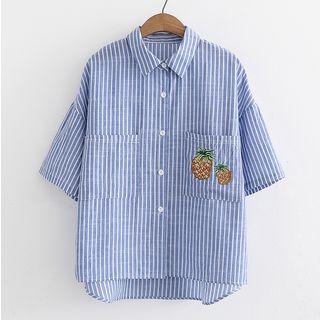 Pineapple Embroidered Short-sleeve Striped Shirt