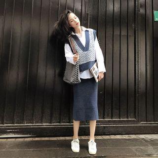 Set: Plain Shirt + Curve Striped Sweater Vest + Knit Midi Pencil Skirt