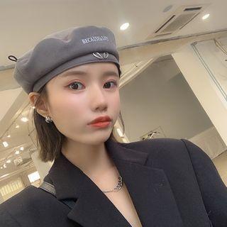Embroidered Faux Suede Beret Hat