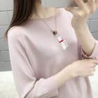 3/4-sleeve Cat Embroidered Knit Top