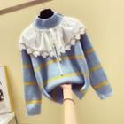Stand-collar Lace-panel Striped Sweater
