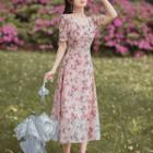 Short-sleeve Square Neck Floral Embroidered Midi Dress