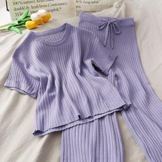 Set: Short-sleeve Light Knit Top + Wide Pants