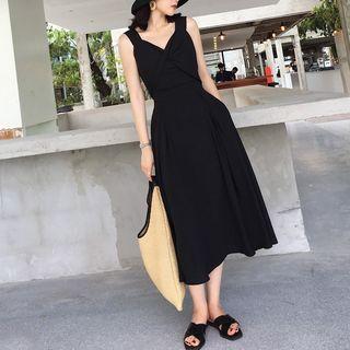 Plain V-neck Spaghetti Strap Midi A-line Dress