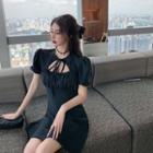 Tie-front Cutout Puff-sleeve A-line Dress