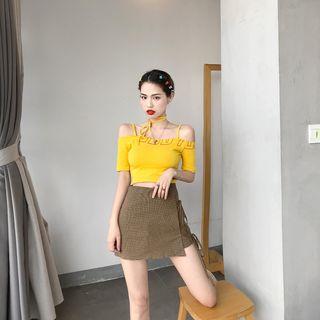 Back Lace Up Crop Top / Off-shoulder Crop Top / Plaid Skort