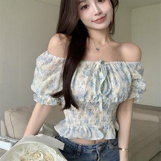 Short-sleeve Floral Top Blue Flowers - White - One Size