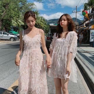 Fringed Hem Spaghetti Strap Midi A-line Dress / Elbow-sleeve Shift Dress