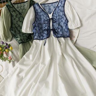 Set: Tie-front Printed Vest + Puff-sleeve Midi Dress In 5 Colors