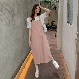 Short-sleeve Lace Trim Blouse / Midi Overall Dress