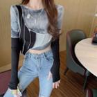 Long-sleeve Color Block Asymmetrical T-shirt Black & Gray - One Size