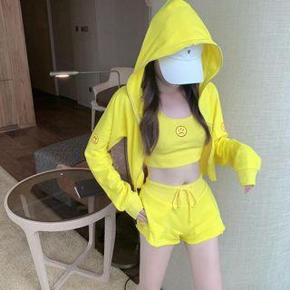 Smiley Face Print Hooded Zip Jacket / Cropped Tank Top / Drawstring Shorts