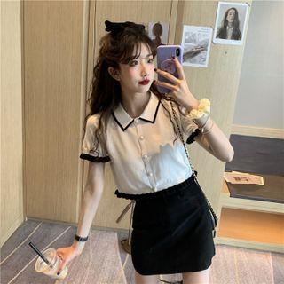 Ruffle Trim Contrast Top / Plain Skirt
