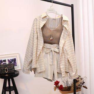 Set: Knit Camisole Top + Plaid Shirt + Tie-waist Wide-leg Shorts