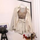 Set: Knit Camisole Top + Plaid Shirt + Tie-waist Wide-leg Shorts