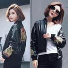 Embroidery Faux-leather Jacket