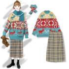 Printed Sweater / Printed Knit Scarf / Plaid A-line Midi Skirt