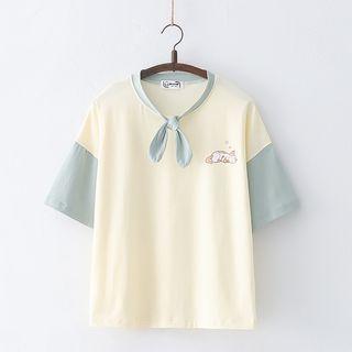 Color Block Cat Print T-shirt