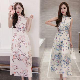 Printed Sleeveless Mandarin Collar Midi Chiffon Dress
