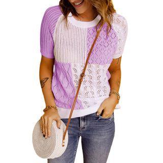Short-sleeve Color Block Pointelle Knit Top