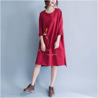 Long-sleeve Printed Slit-hem Dress